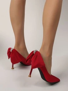 Satin Rhinestone & Bow Decor Point Toe Stiletto Heeled Court Pumps - Red - View 2