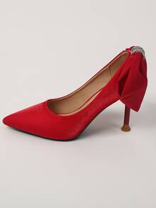 Satin Rhinestone & Bow Decor Point Toe Stiletto Heeled Court Pumps - Red - View 5