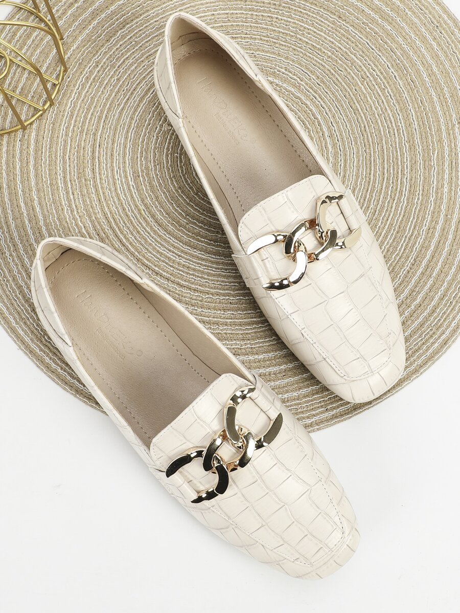 鱷魚壓紋鏈條裝飾方頭樂福鞋 - 米色 - 查看 1