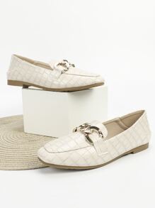 鱷魚壓紋鏈條裝飾方頭樂福鞋 - 米色 - 查看 3