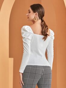 Modelyn Áo thun nữ Nút phía trước màu trơn Thanh lịch - trắng - Xem 4