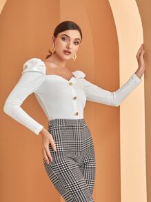 Modelyn Áo thun nữ Nút phía trước màu trơn Thanh lịch - trắng - Xem 6