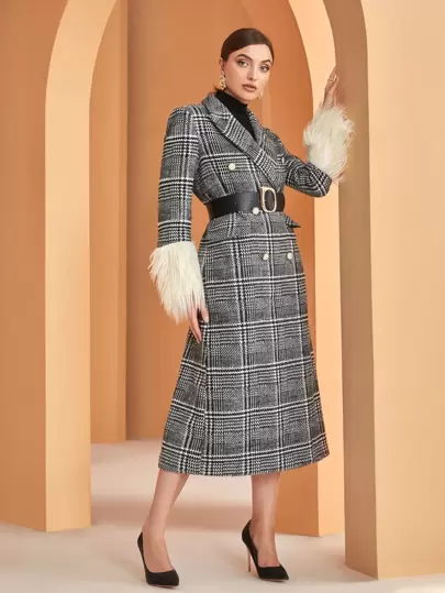 Modelyn Glen Plaid Double Breasted Fuzzy Cuff Tweed Overcoat Without Belt