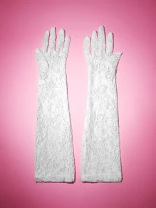 Floral Lace Long Gloves - White - View 3