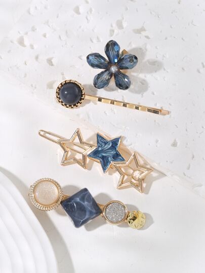 4pcs Star & Square Decor Hair Clip Elegant Claw Clips Hair Claws Hair Barrettes, School Stuff, Flower , Vacation Outfits Woman
