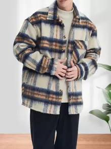 Manfinity Hypemode Men's Plaid Tweed Overcoat With Flap Pockets And Drop Shoulder Design, Loose Fit