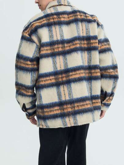 Guys Plaid Flap Pocket Drop Shoulder Tweed Overcoat