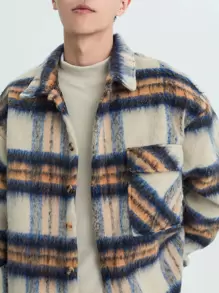 Manfinity Hypemode Men's Plaid Tweed Overcoat With Flap Pockets And Drop Shoulder Design, Loose Fit