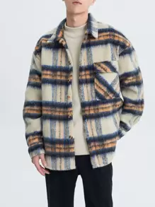 Manfinity Hypemode Men's Plaid Tweed Overcoat With Flap Pockets And Drop Shoulder Design, Loose Fit