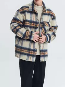 Manfinity Hypemode Men's Plaid Tweed Overcoat With Flap Pockets And Drop Shoulder Design, Loose Fit