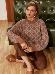 SHEIN MOD Jersey con patrón de rombo de hombros caídos - Multicolor - Ver 2