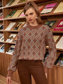 SHEIN MOD Jersey con patrón de rombo de hombros caídos - Multicolor - Ver 3