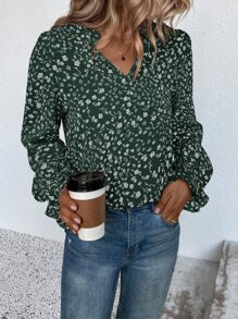 SHEIN LUNE Ditsy Floral Notched Neck Flounce Sleeve Blouse - Dark Green - View 1