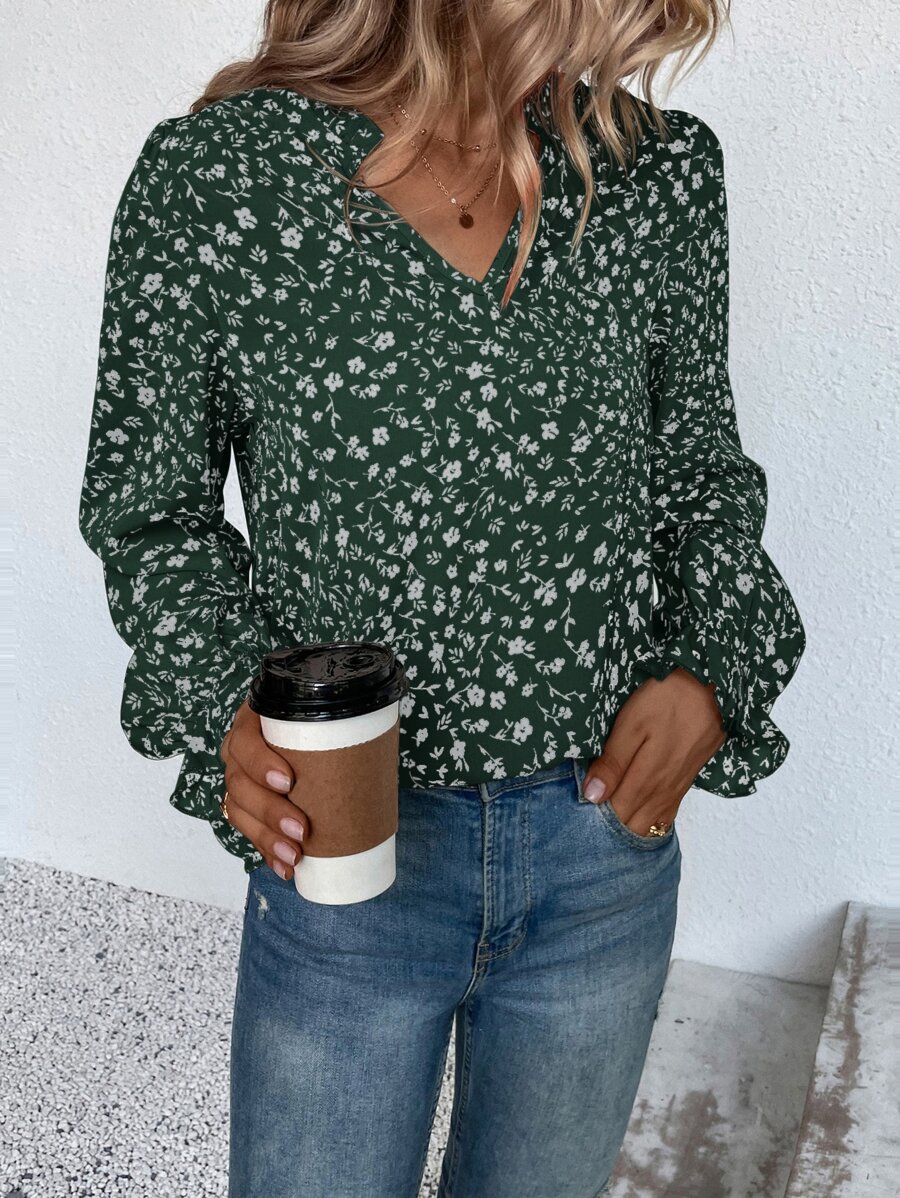 SHEIN LUNE Ditsy Floral Notched Neck Flounce Sleeve Blouse - Dark Green - View 1