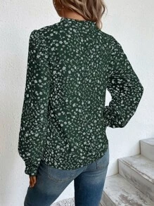 SHEIN LUNE Ditsy Floral Notched Neck Flounce Sleeve Blouse - Dark Green - View 2