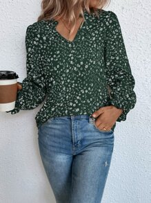 SHEIN LUNE Ditsy Floral Notched Neck Flounce Sleeve Blouse - Dark Green - View 5