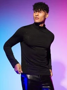 Manfinity RebelGame Men Mock Neck Glitter Tee - Black - View 4