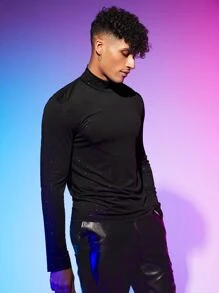 Manfinity RebelGame Men Mock Neck Glitter Tee - Black - View 3