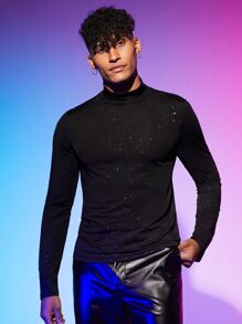 Manfinity RebelGame Men Mock Neck Glitter Tee - Black - View 1