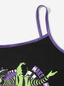 Beetlejuice | ROMWE Cami con letra con estampado de dibujos animados ringer - Negro - Ver 7