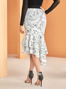 Modelyn 滿版印花荷葉邊半身裙不附腰帶 - 白色 - 查看 2