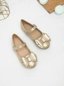 Girls Metallic Crocodile Embossed Bow Decor Mary Jane Flats - Gold - View 2