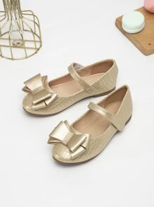 Girls Metallic Crocodile Embossed Bow Decor Mary Jane Flats - Gold - View 3