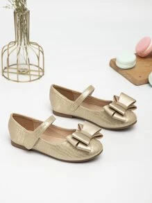 Girls Metallic Crocodile Embossed Bow Decor Mary Jane Flats - Gold - View 4