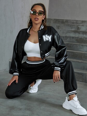 Letter Graphic Striped Trim Crop Varsity Jacket & Sweatpants