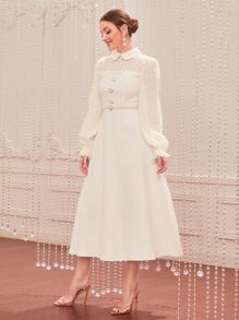 Modelyn 1pc Flounce Sleeve Knot Front Fake Button Tweed Dress - Beige - View 1