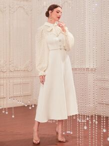 Modelyn 1pc Flounce Sleeve Knot Front Fake Button Tweed Dress - Beige - View 3