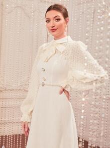 Modelyn 1pc Flounce Sleeve Knot Front Fake Button Tweed Dress - Beige - View 5