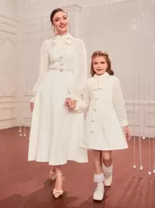 Modelyn 1pc Flounce Sleeve Knot Front Fake Button Tweed Dress - Beige - View 6