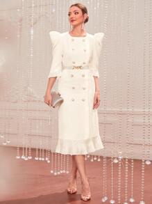 Modelyn 1入組泡泡袖雙排釦腰帶荷葉邊連衣裙 - 米色 - 查看 1