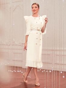 Modelyn 1入組泡泡袖雙排釦腰帶荷葉邊連衣裙 - 米色 - 查看 4