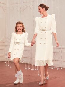 Modelyn 1入組泡泡袖雙排釦腰帶荷葉邊連衣裙 - 米色 - 查看 5