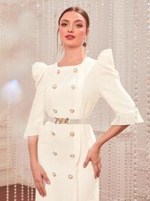 Modelyn 1入組泡泡袖雙排釦腰帶荷葉邊連衣裙 - 米色 - 查看 6