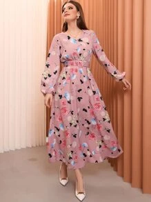 Mulvari Đầm Thắt lưng Hoa Thanh lịch - Bụi hồng - Xem 5