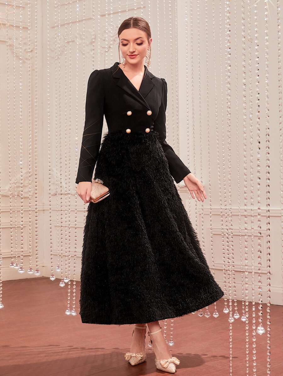 Modelyn 1入組西裝領雙排釦毛茸茸洋裝