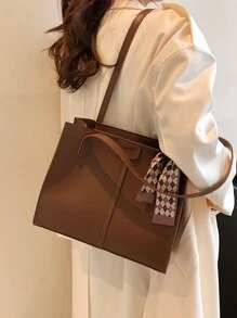 Bow Decor Waterproof,Lightweight,Business Casual Skinny Scarf Decor Square Bag With Small Pouch Vintage For Teen Girls Women College Students,Rookies & White-Collar Workers Perfect For Office,College,Work ,Business,Commute - Coffee Brown - View 2