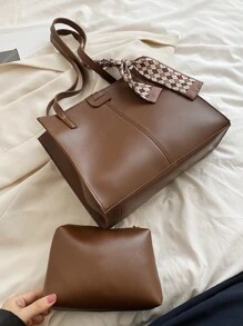 Bow Decor Waterproof,Lightweight,Business Casual Skinny Scarf Decor Square Bag With Small Pouch Vintage For Teen Girls Women College Students,Rookies & White-Collar Workers Perfect For Office,College,Work ,Business,Commute - Coffee Brown - View 4