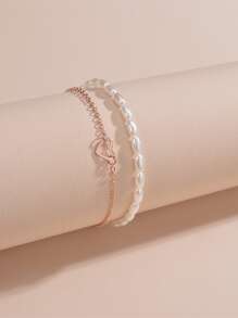 2入組愛心和人造珍珠裝飾腳錬 - 玫瑰金 - 查看 3