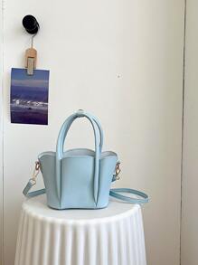 荔枝紋壓花水桶包帶內袋時尚字母圖案貝殼邊雙把手PU皮革 - 淺藍色 - 查看 2