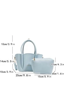 荔枝紋壓花水桶包帶內袋時尚字母圖案貝殼邊雙把手PU皮革 - 淺藍色 - 查看 8