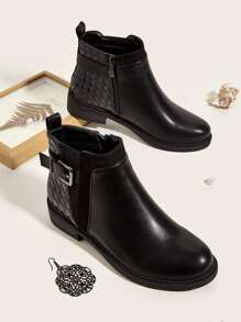 Punk Style Chelsea Boots With Woven Texture, Buckle Decoration And Side Zipper - Black - View 1