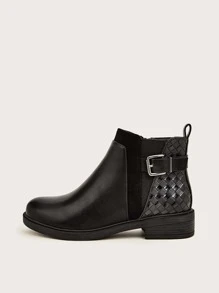 Punk Style Chelsea Boots With Woven Texture, Buckle Decoration And Side Zipper - Black - View 2