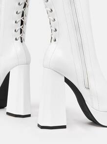 Lace Up Back Platform Chunky Heeled Classic Boots - White - View 5