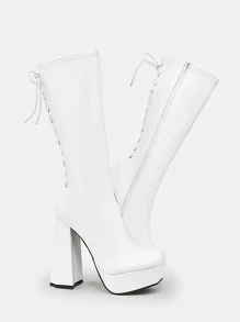 Lace Up Back Platform Chunky Heeled Classic Boots - White - View 7