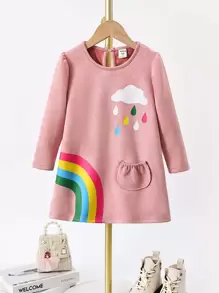 Toddler Girls Cartoon Graphic Pocket Patched Keyhole Back Dress - Pink - View 1