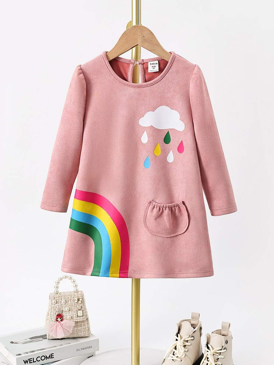 Toddler Girls Cartoon Graphic Pocket Patched Keyhole Back Dress - Pink - View 1